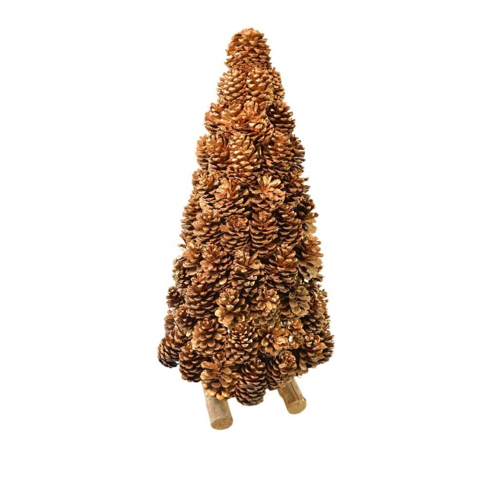 Handmade Golden Real Pinecone Christmas Tree Table Decor 24” Wooden Log Metallic